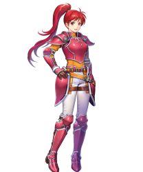 Rule 34 | 1girl, armor, armored boots, asatani tomoyo, belt, boots, breastplate, elbow pads, fire emblem, fire emblem: path of radiance, fire emblem heroes, gauntlets, hand on own hip, hand up, high ponytail, highres, jill (fire emblem), long hair, long sleeves, looking at viewer, nintendo, official art, open mouth, pants, ponytail, red armor, red eyes, red hair, shoulder armor, smile, solo, standing, transparent background, turtleneck, white pants