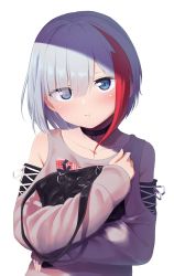Rule 34 | 1girl, :t, admiral graf spee (azur lane), admiral graf spee (peaceful daily life) (azur lane), azur lane, bag, black choker, blue eyes, blush, brown sweater, choker, closed mouth, collarbone, commentary request, eyes visible through hair, hair over one eye, handbag, head tilt, highres, long sleeves, mashimaru (muzikluva), multicolored hair, o-ring, hugging object, pout, red hair, silver hair, simple background, sleeves past wrists, solo, streaked hair, sweater, upper body, white background