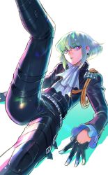 Rule 34 | 1boy, androgynous, ascot, ass, bae (baebae), black gloves, black jacket, galo thymos, gloves, green hair, half gloves, highres, jacket, leather, leather pants, leg lift, lio fotia, male focus, pants, promare, purple eyes, shiny clothes, short hair, solo