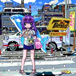 Rule 34 | 1girl, ace akira, bag, blue eyes, blue skirt, blue sky, building, car, chopsticks, city, closed mouth, cloud, commentary request, confetti, crosswalk, cup, cup ramen, day, drain (object), drinking straw, eating, eyewear on head, full body, glasses, hand fan, holding, holding chopsticks, instant soba, long hair, looking at viewer, motor vehicle, original, outdoors, paper fan, pigeon-toed, pink-framed eyewear, pink bag, plant, purple hair, railing, road, sandals, shadow, shirt, short sleeves, skirt, sky, solo, standing, street, sunglasses, sunlight, traffic light, translation request, white shirt, yakisoba