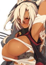 Rule 34 | 10s, 1girl, arm up, armpits, blonde hair, blush, breasts, budget sarashi, dark-skinned female, dark skin, glasses, huge breasts, inayama, kantai collection, long hair, looking at viewer, musashi (kancolle), pointy hair, red eyes, sarashi, shadow, simple background, solo, sweat, wavy mouth, white background