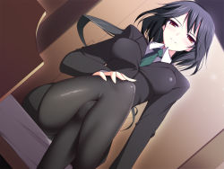 Rule 34 | 10s, 1girl, bed, black hair, black skirt, black suit, breasts, collared shirt, dutch angle, formal, indoors, infinite stratos, large breasts, legs, crossed legs, long hair, long sleeves, looking at viewer, necktie, orimura chifuyu, pantyhose, ponytail, red eyes, seductive smile, shirt, sitting, skirt, smile, solo, suit, thighs