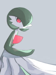 Rule 34 | 1girl, absurdres, bob cut, closed mouth, colored skin, creatures (company), expressionless, female focus, flat chest, from side, game freak, gardevoir, gen 3 pokemon, green hair, green skin, grey background, hair over one eye, hand up, highres, mame (pixiv 57985908), multicolored skin, nintendo, one eye covered, pokemon, pokemon (creature), red eyes, short hair, simple background, solo, standing, two-tone skin, white skin