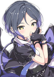 Rule 34 | 1girl, black gloves, black hair, black shirt, black skirt, blue necktie, blush, breasts, character name, collar, covering own mouth, dot nose, earrings, expressionless, fingerless gloves, gloves, hayami kanade, idolmaster, idolmaster cinderella girls, jewelry, kuresuku (lessons), looking at viewer, medium breasts, necktie, own hands together, parted bangs, shirt, short hair, short sleeves, sidelocks, simple background, skirt, solo, upper body, white background, white collar, yellow eyes