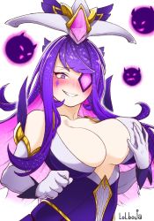Rule 34 | 1girl, bare shoulders, blush, breasts, center opening, cleavage, collarbone, elbow gloves, eyepatch, gloves, hand on breast, large breasts, league of legends, lolboja, magical girl, pink hair, purple eyes, purple hair, smile, solo, star guardian (league of legends), star guardian syndra, syndra, white gloves
