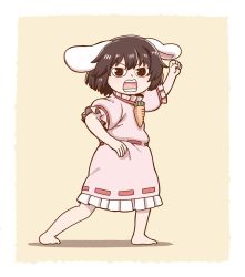 Rule 34 | 1girl, @ @, animal ears, barefoot, brown hair, carrot necklace, commentary, dress, full body, inaba tewi, looking at viewer, looking back, necklace, open mouth, pink background, pink dress, poronegi, puffy short sleeves, puffy sleeves, rabbit ears, short hair, short sleeves, simple background, solo, standing, touhou