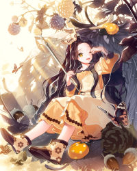 Rule 34 | 1girl, ;d, acorn, bad id, bad pixiv id, berry, black hair, bow, brown eyes, bug, butterfly, cherrypin, dress, hair bow, hat, insect, ladybug, leaf, long hair, mini person, minigirl, needle, one eye closed, open mouth, orange dress, outdoors, pinecone, plant, sitting, smile, sunlight, tenkuu no crystalia