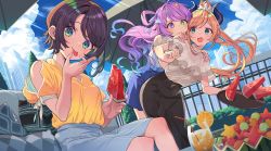 Rule 34 | 3girls, black hair, black skirt, blue eyes, blue hair, blue skirt, blush, cityscape, cloud, cup, day, demon horns, drinking glass, drinking straw, food, fruit, gradient hair, green eyes, hair ornament, hair ribbon, hair rings, hair scrunchie, hands on another&#039;s shoulders, highres, himemori luna, holding, holding food, holding tray, hololive, horns, itaboon, looking at another, looking at viewer, multicolored hair, multiple girls, nail polish, oozora subaru, open mouth, outdoors, pink nails, pointy ears, purple eyes, purple hair, ribbon, scrunchie, shirt, short hair, short sleeves, skirt, sleeveless, sleeveless shirt, tray, tropical drink, umbrella, virtual youtuber, watermelon, watermelon slice, white shirt, yellow nails, yellow shirt, yuzuki choco