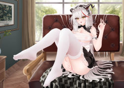Rule 34 | 1girl, absurdres, aegir (azur lane), aegir (iron blood&#039;s dragon maid) (azur lane), artist name, ass, azur lane, black skirt, blur censor, bra, breasts, censored, cleavage, covered erect nipples, curtains, demon horns, frilled hairband, frills, full body, garter straps, hair on horn, hairband, highres, horns, indoors, looking at viewer, miniskirt, multicolored hair, no panties, no shoes, official alternate costume, ok sign, open mouth, red hair, see-through, see-through bra, sitting, skirt, solo, streaked hair, sym., thighhighs, two-tone hair, white garter straps, white hair, white thighhighs, window, wooden floor, yellow eyes