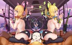 Rule 34 | 1boy, 3girls, :d, absurdres, animal ear headphones, animal ears, aris (blue archive), ass, back, back-print panties, back-to-back, bare back, black hair, black panties, blonde hair, blue archive, blue eyes, blue necktie, blunt bangs, blurry, building, cat ear headphones, cat tail, cloud, cloudy sky, commentary request, depth of field, doodle sensei (blue archive), fake animal ears, from side, green eyes, hair between eyes, hair ribbon, hairband, halo, handheld game console, headphones, highres, indoors, jacket, long bangs, long hair, long hair between eyes, long sleeves, looking at viewer, looking to the side, lying, midori (blue archive), midriff, momoi (blue archive), multiple girls, necktie, on stomach, open clothes, open jacket, open mouth, orange eyes, panties, print panties, ribbon, sensei (blue archive), shirt, short hair, shoulder blades, siblings, sidelocks, sisters, sitting, sky, skyline, skyscraper, sleeveless, smile, tail, topless, tress ribbon, twilight, underwear, wariza, wedgie, white jacket, white shirt, window, xg epee