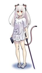 Rule 34 | 1girl, @ @, animal ears, arms at sides, blush, cable, cat ears, cat girl, cat tail, character print, closed mouth, crocs, full body, gun, handgun, holding, holding gun, holding sword, holding weapon, long hair, looking at viewer, magari (c0rn3r), mechanical ears, mechanical tail, no pants, nora cat, nora cat channel, red eyes, scp-040-jp, scp foundation, shirt, short sleeves, simple background, smile, solo, standing, sword, t-shirt, tail, variant set, virtual youtuber, weapon, white background, white hair, white shirt