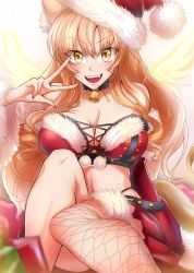Rule 34 | 1girl, animal ear fluff, animal ears, bare shoulders, bell, blonde hair, breasts, cleavage, collarbone, detached sleeves, energy wings, fate/grand order, fate/grand order arcade, fate (series), fox ears, fox girl, fox tail, fur trim, hat, highres, kitsune (foxsiona), large breasts, long hair, looking at viewer, nail polish, neck bell, open mouth, red hat, santa costume, santa hat, sitting, smile, solo, suzuka gozen (fate), suzuka gozen (santa) (fate), tail, thighs, w, wide sleeves, yellow eyes