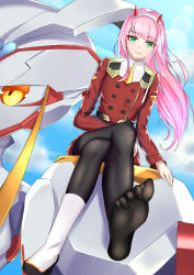 Rule 34 | 10s, 1girl, absurdres, artist request, bad id, bad pixiv id, black pantyhose, unworn boot, boots, crossed legs, darling in the franxx, day, eyelashes, feet, female focus, foot focus, from below, green eyes, hairband, highres, horns, humanoid robot, long hair, looking at viewer, mecha, orange neckwear, pantyhose, pink hair, red horns, robot, sitting on robot, sky, smile, solo, strelizia, uniform, white hairband, zero two (darling in the franxx)