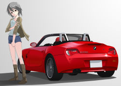 Rule 34 | 1girl, bmw, bmw z4, boots, car, left-hand drive, motor vehicle, red eyes, shorts, solo, tomcat, vehicle, vehicle focus