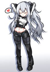 Rule 34 | 1girl, absurdres, ak-12 (girls&#039; frontline), arms behind head, black footwear, black pants, blush, boots, braid, breasts, closed eyes, commentary request, cropped jacket, drop shadow, french braid, full body, girls&#039; frontline, godgamesc2, groin, hair between eyes, heart, highres, jacket, korean commentary, large breasts, long hair, long sleeves, midriff, navel, pants, parted lips, ponytail, pubic tattoo, ribbon, sidelocks, silver hair, simple background, smile, solo, spoken heart, standing, tactical clothes, tattoo, very long hair, white background, white jacket