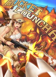 Rule 34 | &gt;:o, 1girl, :o, bare shoulders, baseball cap, beach, blue sky, breasts, brown eyes, brown hair, brown shorts, brown vest, cleavage, day, english text, engrish text, explosion, fio germi, firing, gameplay mechanics, glasses, gun, hat, hip vent, holding, holding gun, holding weapon, horizon, hybridmink, knee pads, large breasts, long hair, looking away, machine gun, metal slug, missile, ocean, open clothes, open mouth, open vest, ponytail, ranguage, rimless eyewear, rocket, shorts, sky, solo, v-shaped eyebrows, vest, weapon, wristband