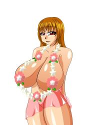 Rule 34 | 1girl, breasts, brown hair, bursting breasts, cleavage, dead or alive, huge breasts, kaiman82, kasumi (doa), long hair, looking at viewer, red eyes, simple background, solo, topless, white background