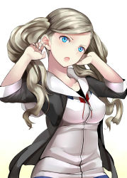 Rule 34 | 1girl, absurdres, black jacket, blue eyes, breasts, cardigan, collarbone, covered erect nipples, floating hair, hands in hair, highres, jacket, long hair, medium breasts, nemu (nebusokugimi), open clothes, open jacket, open mouth, parted bangs, persona, persona 5, silver hair, simple background, sleeves rolled up, solo, standing, takamaki anne, upper body, very long hair, white background, white cardigan