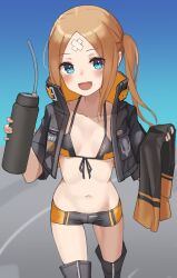 Rule 34 | 1girl, :d, abigail williams (fate), absurdres, bikini, bikini top only, black bikini, black footwear, black jacket, black shorts, blonde hair, blue eyes, blush, boots, breasts, collarbone, cup, fate/grand order, fate (series), forehead, highres, holding, holding cup, jacket, kopaka (karda nui), long hair, looking at viewer, navel, open mouth, short shorts, shorts, side ponytail, sidelocks, small breasts, smile, solo, standing, sweat, swimsuit, thighs
