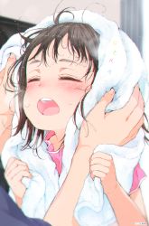 Rule 34 | 2girls, black hair, blurry, blurry background, blush, closed eyes, commentary, curtains, depth of field, drying, drying hair, face, gomennasai, indoors, multiple girls, open mouth, original, pink shirt, purple shirt, shirt, short sleeves, solo focus, teeth, towel, upper teeth only, wet