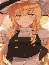 Rule 34 | 1girl, arms up, black hat, black vest, blonde hair, blush, bow, braid, breasts, bright pupils, buttons, commentary request, crying, crying with eyes open, dot nose, hair ribbon, hands on headwear, hat, kirisame marisa, long hair, looking at viewer, maruichi0one, medium breasts, puffy short sleeves, puffy sleeves, ribbon, shirt, short sleeves, single braid, smile, solo, tears, touhou, tress ribbon, vest, white bow, white ribbon, white shirt, witch hat, yellow eyes