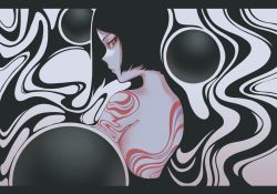 Rule 34 | 1girl, abstract, black circle, black hair, blunt ends, bright pupils, dhjs 0010, gradient background, grey background, looking at viewer, muted color, original, red eyes, shadow, short hair, solo, upper body, white pupils