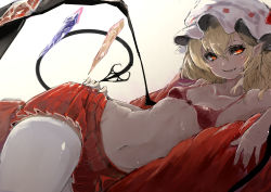 Rule 34 | 1girl, absurdres, alternate costume, backlighting, bad anatomy, blonde hair, bra, breasts, collarbone, couch, fang, flandre scarlet, hair between eyes, hand on own hip, hat, hat ribbon, highres, laevatein (tail), looking at viewer, mob cap, navel, open mouth, orange eyes, pointy ears, red bra, red skirt, ribbon, shiny skin, simple background, skirt, slit pupils, small breasts, solo, tail, thighs, touhou, underwear, watchi, white background, wide hips, wings