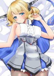 Rule 34 | 1girl, absurdres, black pantyhose, blonde hair, blue eyes, blue necktie, braid, breasts, capelet, colorado (kancolle), commentary request, cowboy shot, dress, grey dress, grey headwear, highres, kantai collection, komb, large breasts, long hair, looking at viewer, lying, necktie, pantyhose, pleated dress, shirt, short hair, side braids, sideboob, sleeveless, solo, white shirt