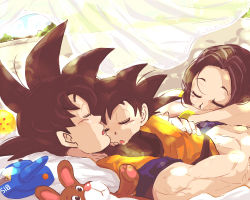 Rule 34 | 1girl, 2boys, black hair, chi-chi (dragon ball), child, closed eyes, couple, curtains, dougi, dragon ball, dragon ball (object), dragonball z, family, father and son, hands on another&#039;s back, hug, miiko (drops7), mother and son, multiple boys, open mouth, pillow, short hair, sky, sleeping, son goku, son goten, spiked hair, sunlight, toy, window