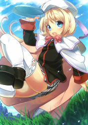 Rule 34 | 1girl, blonde hair, blue eyes, bow, cape, dutch angle, fang, frisbee, from below, grass, hat, is ii, little busters!, noumi kudryavka, pink bow, plaid, plaid skirt, school uniform, skirt, solo, thighhighs