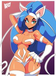Rule 34 | 1girl, animal ears, animal hands, bare shoulders, big hair, bigdead, blue hair, breasts, cat ears, cat paws, cat tail, cleavage, fang, felicia (vampire), green eyes, highres, medium breasts, solo, tail, thighhighs, thighs, vampire (game), white thighhighs, wide hips