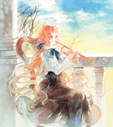 Rule 34 | 1girl, arch, bare tree, black skirt, blue sky, chair, cloud, day, closed eyes, holding, instrument, long hair, music, orange hair, original, outdoors, painting (medium), pillar, playing instrument, rei (456789io), ruins, sitting, skirt, sky, solo, standing, traditional media, tree, trumpet, watercolor (medium)