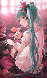 Rule 34 | 1girl, absurdres, aqua eyes, blush, cake, checkered blanket, commentary request, dress, food, fork, from behind, frown, green eyes, green hair, hair ribbon, hatsune miku, highres, holding, holding fork, knees up, long hair, looking at viewer, revision, ribbon, short sleeves, sitting, solo, strawberry shortcake, supreme (module), thighhighs, tokkyu, twintails, very long hair, vocaloid, world is mine (vocaloid)