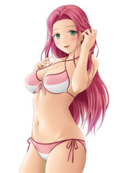 Rule 34 | 1girl, :d, bikini, blush, breasts, cleavage, collarbone, cowboy shot, green eyes, groin, hair ornament, hairclip, hand in own hair, ibushigin, lara (rune factory), large breasts, long hair, looking at viewer, navel, open mouth, pink hair, rune factory, side-tie bikini bottom, sideboob, simple background, smile, solo, standing, swimsuit, very long hair, white background