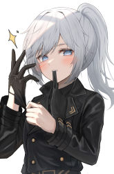 Rule 34 | 1girl, absurdres, black coat, black gloves, blue eyes, blush, buttons, coat, commentary request, commission, double-breasted, dressing, gloves, grey hair, highres, kei8987, long hair, long sleeves, looking at viewer, mouth hold, original, parted lips, ponytail, simple background, skeb commission, solo, sparkle, upper body, white background