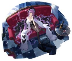 Rule 34 | 1girl, absurdly long hair, absurdres, azur lane, bare shoulders, black choker, black dress, black flower, black footwear, black leotard, black pantyhose, blue eyes, blunt bangs, blush, bonnet, bottle, bow, breasts, choker, cleavage, coat, collarbone, couch, cup, dress, drinking glass, feather boa, flower, frills, from above, full body, fur coat, fur trim, glass table, hair flowing over, hair spread out, hand up, hat, head tilt, highleg, highleg leotard, highres, kincora, legs, leotard, long hair, looking at viewer, non-web source, official alternate costume, official art, on couch, pantyhose, parted lips, pillar, playboy bunny, purple hair, ribbon, rose, shoes, sidelocks, sitting, small breasts, solo, stairs, stone stairs, strapless, strapless leotard, table, tashkent (azur lane), tashkent (the sprite&#039;s snapshot) (azur lane), tile floor, tiles, very long hair, wine glass