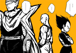 Rule 34 | ..., 3boys, armor, back turned, bad id, bad pixiv id, bald, black eyes, black hair, cape, crossed arms, dragon ball, dragonball z, expressionless, frown, looking away, male focus, monochrome, multiple boys, orange background, piccolo, pointy ears, serious, simple background, speech bubble, spiked hair, tenshinhan, turban, vegeta, wristband