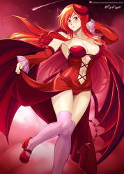 Rule 34 | 1girl, absurdres, artist name, bare shoulders, blush, breasts, cleavage, clothes lift, collarbone, detached sleeves, dress, dress lift, feet out of frame, hair between eyes, highres, horns, long hair, looking at viewer, medium breasts, navel, open mouth, orange hair, original, panties, patreon username, red eyes, shoes, shooting star, slit pupils, solo, strapless, strapless dress, thighhighs, underwear, vilde loh hocen, watermark, web address, wings