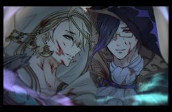 Rule 34 | 2boys, aladdin (sinoalice), aqua eyes, arabian clothes, aura, black hair, blonde hair, blood, blood on face, blood splatter, ascot, fringe trim, glasses, hair over one eye, hameln (sinoalice), happy, highres, hood, hood up, looking at another, looking at viewer, multiple boys, open mouth, parted lips, purple hair, red eyes, short hair, sinoalice, tattoo, y o u m a