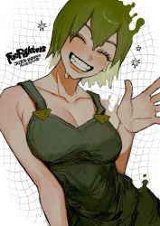 Rule 34 | 1girl, breasts, character name, cleavage, closed eyes, dripping, foo fighters (jojo), green hair, grid background, grin, highres, jojo no kimyou na bouken, large breasts, lips, neg 50asu, overalls, smile, solo, stone ocean, upper body, white background