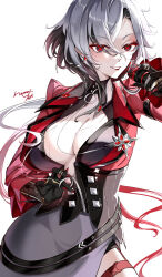 Rule 34 | 1girl, absurdres, arlecchino (genshin impact), belt, black belt, black eyes, black hair, breasts, cleavage, commentary, cowboy shot, genshin impact, grey hair, grey skirt, grin, hamonji, highres, holding, jacket, large breasts, long sleeves, looking at viewer, multicolored hair, red jacket, simple background, skirt, smile, solo, standing, streaked hair, white background