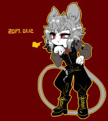 Rule 34 | 1girl, alternate costume, animal ears, armband, bent over, black footwear, black pants, black vest, boots, collared shirt, dated, full body, grey shirt, hair between eyes, hand on own hip, leaning forward, long sleeves, mouse ears, mouse tail, nazrin, necktie, outline, pants, pout, red background, red eyes, red necktie, shirt, simple background, solo, tail, touhou, vest, yt (wai-tei)