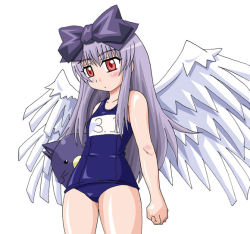 Rule 34 | 1girl, 3.1-tan, :o, angel wings, aruma (shinrabanshou), aruma (shinrabanshou) (cosplay), blush, body blush, bow, clenched hand, cosplay, flat chest, hair bow, holding, long hair, looking down, multiple wings, name tag, one-piece swimsuit, os-tan, red eyes, school swimsuit, shinrabanshou, sidelocks, silver hair, simple background, solo, standing, stuffed animal, stuffed toy, swimsuit, very long hair, white background, wings