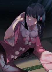 Rule 34 | 1girl, asuzemu, black hair, blunt bangs, bow, breasts, commentary request, grin, hime cut, houraisan kaguya, japanese clothes, kimono, light particles, light rays, long sleeves, looking at viewer, lounging, medium breasts, nail polish, pink eyes, pink kimono, pink nails, shadow, smile, solo, straight hair, sweat, tatami, teeth, touhou, upper body, white bow, wide sleeves