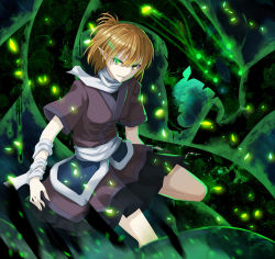 Rule 34 | 1girl, arm warmers, blonde hair, blush, clenched teeth, din (flypaper), glowing, glowing eyes, green eyes, looking at viewer, mizuhashi parsee, pointy ears, scarf, short hair, solo, teeth, touhou