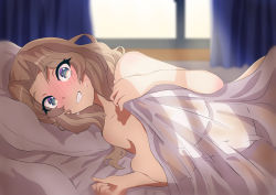 Rule 34 | 1girl, absurdres, bed, blonde hair, blue eyes, blush, breasts, collarbone, girls und panzer, grin, highres, kay (girls und panzer), large breasts, long hair, looking at viewer, lying, on bed, on side, smile, solo, sweat, tenpura32200