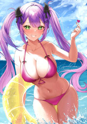 Rule 34 | 1girl, absurdres, azuukichan, bikini, blush, breasts, cleavage, collarbone, commentary, day, finger heart, green eyes, hair ornament, hand up, heart, highres, holding, holding swim ring, hololive, innertube, large breasts, long hair, looking at viewer, navel, ocean, outdoors, pink bikini, purple hair, sidelocks, smile, solo, stomach, swim ring, swimsuit, teeth, tokoyami towa, twintails, virtual youtuber, wading