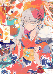 Rule 34 | 1girl, absurdres, bow, bright pupils, closed mouth, collarbone, commentary request, cotton candy, dated, earrings, grey eyes, grey hair, hair bow, hands up, highres, japanese clothes, jewelry, kimono, koi, licking lips, long hair, long sleeves, obi, original, print kimono, red bow, red kimono, sack, sash, sitting, smile, solo, stud earrings, stuffed animal, stuffed toy, taowu (20809), teddy bear, tongue, tongue out, upper body, wave print, white pupils, wide sleeves