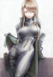 Rule 34 | 1girl, arm support, blonde hair, blue bodysuit, bodysuit, breasts, closed mouth, coat, coat lift, collarbone, collared coat, commentary request, covered navel, dated, gloves, green eyes, hand up, high collar, highres, hip focus, holster, impossible bodysuit, impossible clothes, lifting own clothes, long hair, long sleeves, looking to the side, metroid, motoji (hamayarawa), nintendo, off shoulder, open clothes, open coat, samus aran, signature, skin tight, solo, swept bangs, unzipped, zero suit, zipper