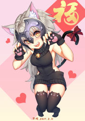 Rule 34 | 1girl, :f, absurdres, ahoge, animal ear legwear, animal ears, animal hands, backless dress, backless outfit, bare shoulders, bell, black sweater, black thighhighs, bow, breasts, cat ear legwear, cat ears, cat tail, claw pose, dress, fang, fate/grand order, fate (series), fingerless gloves, fingernails, from above, fur trim, gloves, gluteal fold, gradient background, head tilt, headpiece, heart, highres, jeanne d&#039;arc (fate), jeanne d&#039;arc alter (avenger) (fate), jeanne d&#039;arc alter (fate), jingle bell, kemonomimi mode, long fingernails, long hair, looking at viewer, medium breasts, meme attire, no shoes, open mouth, panties, paw gloves, paw print, pigeon-toed, print gloves, purple panties, red bow, sharp fingernails, sideboob, silver hair, sitting, solo, star-shaped pupils, star (symbol), sweater, sweater dress, symbol-shaped pupils, tail, tail bow, tail ornament, thighhighs, ttheyue, turtleneck, turtleneck sweater, two-tone background, underwear, upskirt, very long hair, virgin killer sweater, yellow background, yellow eyes